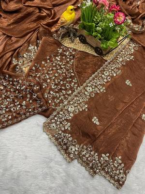 Brown fendy chiffon sequin embroidered work saree with blouse 1