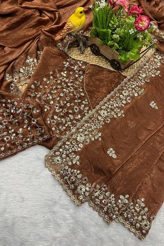 Brown fendy chiffon sequence embroidered work saree with blouse