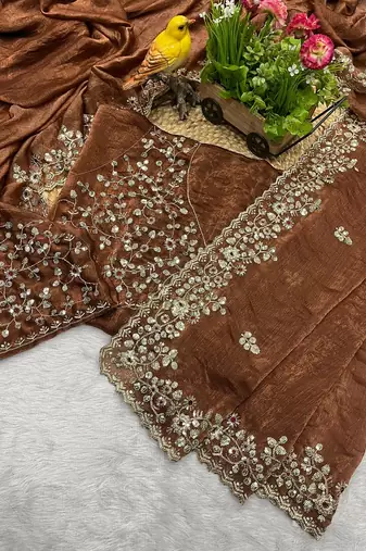 Brown fendy chiffon sequence embroidered work saree with blouse
