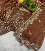 Brown fendy chiffon sequence embroidered work saree with blouse