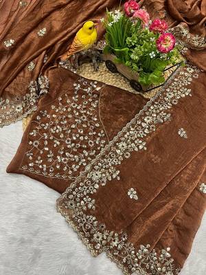 Brown fendy chiffon sequin embroidered work saree with blouse 2