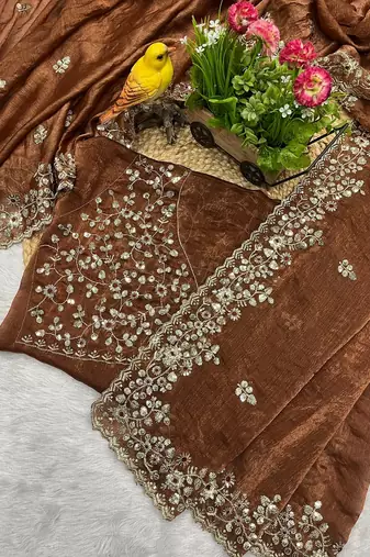Brown fendy chiffon sequin embroidered work saree with blouse
