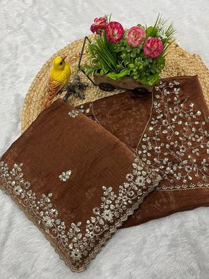 Brown fendy chiffon sequin embroidered work saree with blouse 3