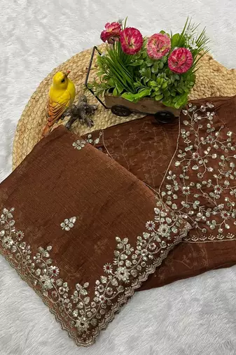 Brown fendy chiffon sequin embroidered work saree with blouse