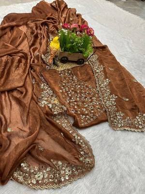 Brown fendy chiffon sequin embroidered work saree with blouse 4