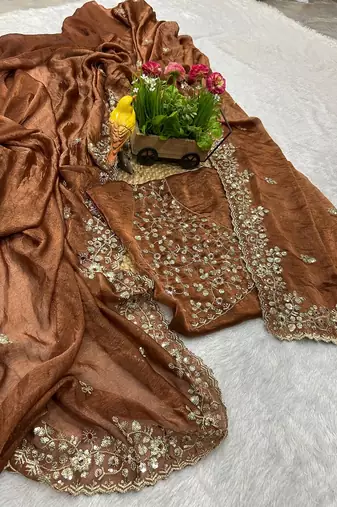 Brown fendy chiffon sequin embroidered work saree with blouse