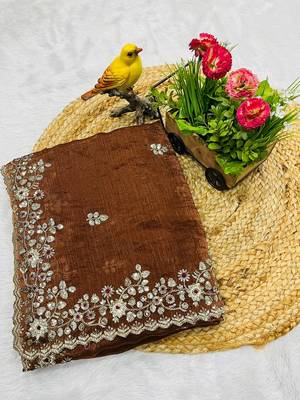 Brown fendy chiffon sequin embroidered work saree with blouse 5