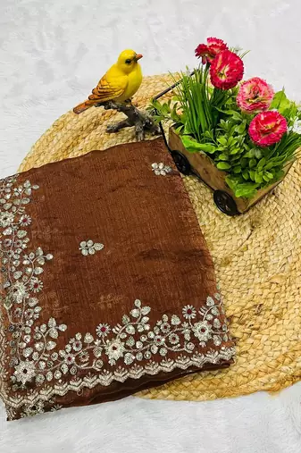 Brown fendy chiffon sequin embroidered work saree with blouse