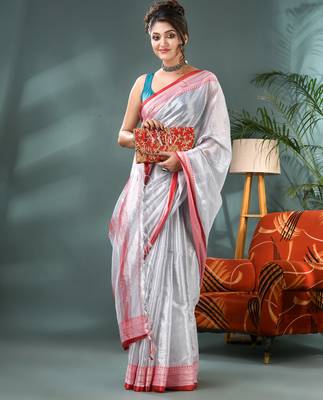 Desh bidesh cotton silk handloom saree, tissue silk with blouse piece saree with blouse piece 4