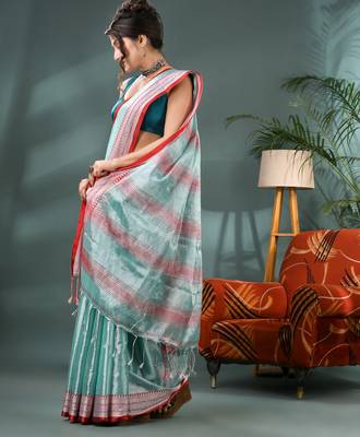 Desh bidesh cotton silk handloom saree, tissue silk with blouse piece saree with blouse piece 3
