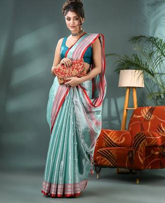 Desh bidesh cotton silk handloom saree, tissue silk with blouse piece saree with blouse piece 4