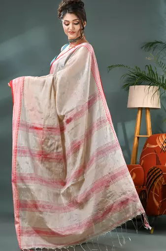 Desh bidesh cotton silk handloom saree, tissue silk with blouse piece saree with blouse piece