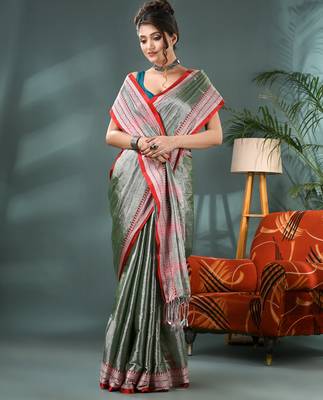 Desh bidesh cotton silk handloom saree, tissue silk with blouse piece saree with blouse piece 1
