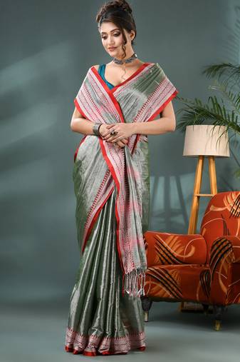 Desh bidesh cotton silk handloom saree, tissue silk with blouse piece saree with blouse piece