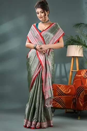Desh bidesh cotton silk handloom saree, tissue silk with blouse piece saree with blouse piece