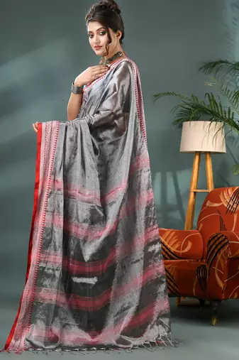Desh bidesh cotton silk handloom saree, tissue silk with blouse piece saree with blouse piece