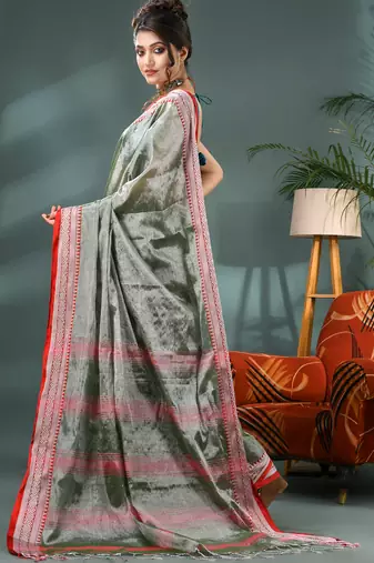 Desh bidesh cotton silk handloom saree, tissue silk with blouse piece saree with blouse piece