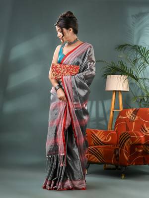 Desh bidesh cotton silk handloom saree, tissue silk with blouse piece saree with blouse piece 4