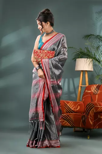 Desh bidesh cotton silk handloom saree, tissue silk with blouse piece saree with blouse piece