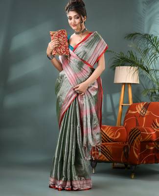 Desh bidesh cotton silk handloom saree, tissue silk with blouse piece saree with blouse piece 4