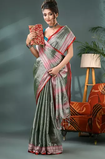 Desh bidesh cotton silk handloom saree, tissue silk with blouse piece saree with blouse piece