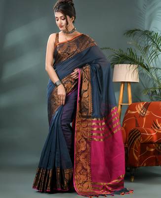 cotton silk banarasi  sarees, pure silk kanjivaram cotton saree with blouse piece 4