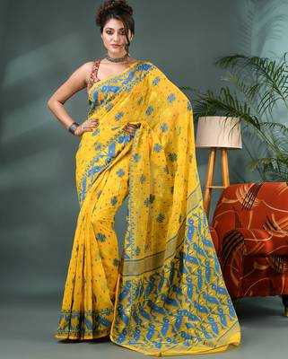 yellow resham dhakai jamdani saree, soft silk pure handloom cotton saree 1
