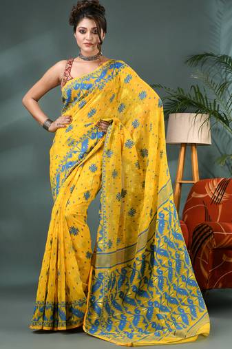 yellow resham dhakai jamdani saree, soft silk pure handloom cotton saree