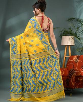 yellow resham dhakai jamdani saree, soft silk pure handloom cotton saree 2