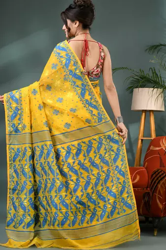 yellow resham dhakai jamdani saree, soft silk pure handloom cotton saree
