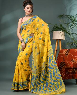 yellow resham dhakai jamdani saree, soft silk pure handloom cotton saree 3