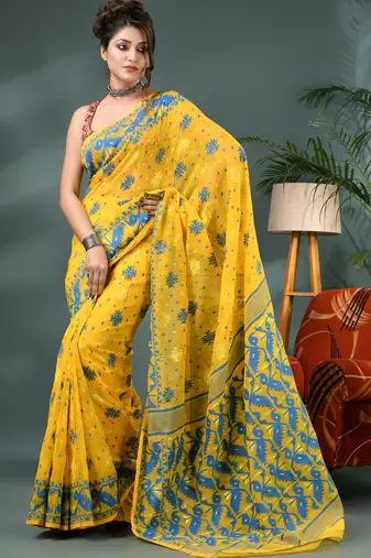 yellow resham dhakai jamdani saree, soft silk pure handloom cotton saree