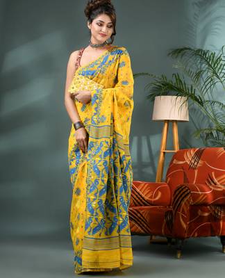 yellow resham dhakai jamdani saree, soft silk pure handloom cotton saree 4