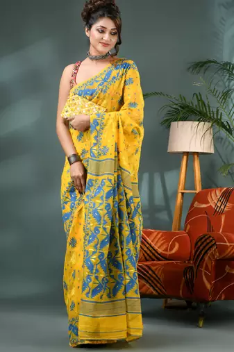 yellow resham dhakai jamdani saree, soft silk pure handloom cotton saree