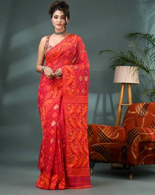 red resham dhakai jamdani saree, soft silk pure handloom cotton saree 1