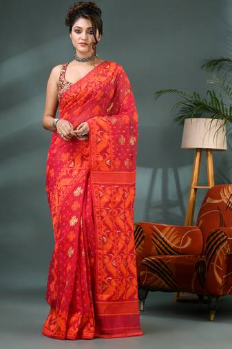 red resham dhakai jamdani saree, soft silk pure handloom cotton saree