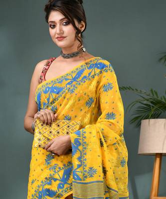 yellow resham dhakai jamdani saree, soft silk pure handloom cotton saree 5
