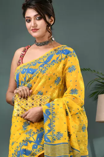 yellow resham dhakai jamdani saree, soft silk pure handloom cotton saree