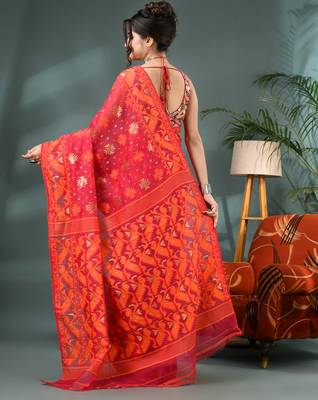 red resham dhakai jamdani saree, soft silk pure handloom cotton saree 2