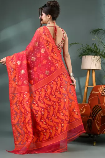red resham dhakai jamdani saree, soft silk pure handloom cotton saree