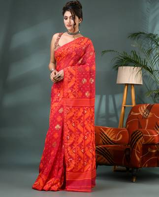 red resham dhakai jamdani saree, soft silk pure handloom cotton saree 3