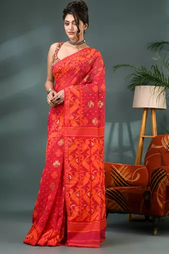red resham dhakai jamdani saree, soft silk pure handloom cotton saree