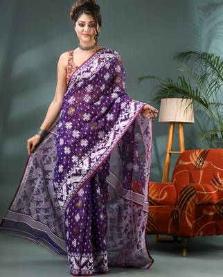 purple resham dhakai jamdani saree, soft silk pure handloom cotton saree 1