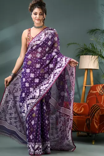 purple resham dhakai jamdani saree, soft silk pure handloom cotton saree
