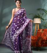 purple resham dhakai jamdani saree, soft silk pure handloom cotton saree