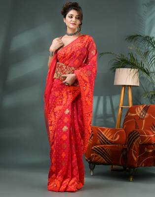 red resham dhakai jamdani saree, soft silk pure handloom cotton saree 4