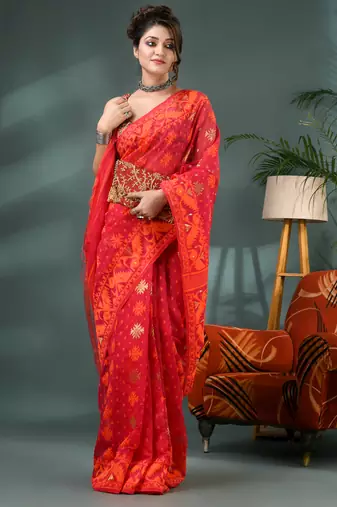 red resham dhakai jamdani saree, soft silk pure handloom cotton saree