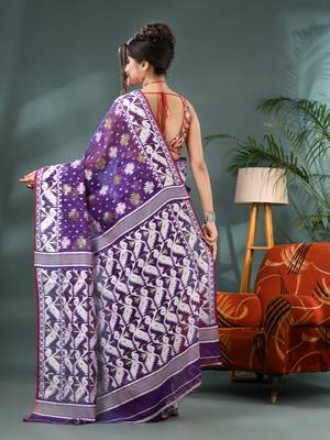 purple resham dhakai jamdani saree, soft silk pure handloom cotton saree 2