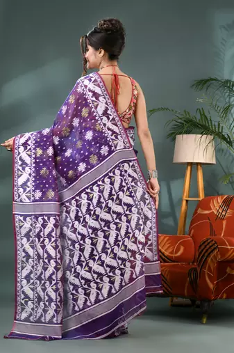 purple resham dhakai jamdani saree, soft silk pure handloom cotton saree