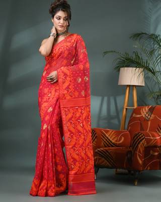 red resham dhakai jamdani saree, soft silk pure handloom cotton saree 5